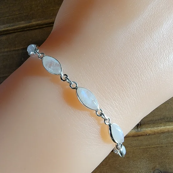 Native Rainbow Moonstone Gemstone Bracelet 7 Inch Sterling Silver 925 Boho Gypsy - Picture 6 of 6